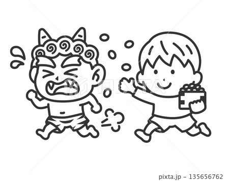 赤鬼を対峙する、男の子のアイコン(線画)のイラスト 赤鬼を対峙する、男の子のアイコン(線画)のイラスト 135656762