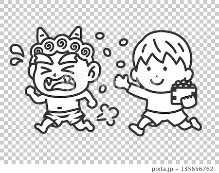 赤鬼を対峙する、男の子のアイコン(線画)のイラスト 赤鬼を対峙する、男の子のアイコン(線画)のイラスト 135656762