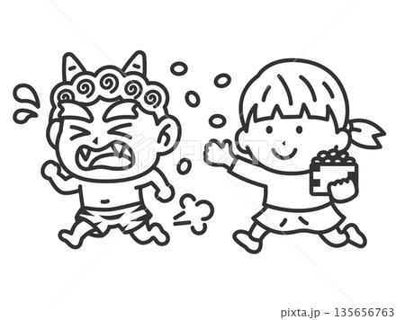 赤鬼を対峙する、女の子のアイコン(線画)のイラスト 赤鬼を対峙する、女の子のアイコン(線画)のイラスト 135656763