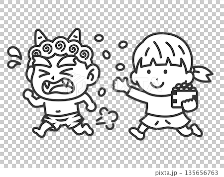 赤鬼を対峙する、女の子のアイコン(線画)のイラスト 赤鬼を対峙する、女の子のアイコン(線画)のイラスト 135656763