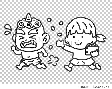 一幅女孩圖標（線條畫）與藍色惡魔對峙的插圖 135656765