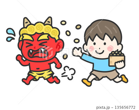 赤鬼を対峙する、男の子のアイコン（線画カラー）のイラスト 135656772