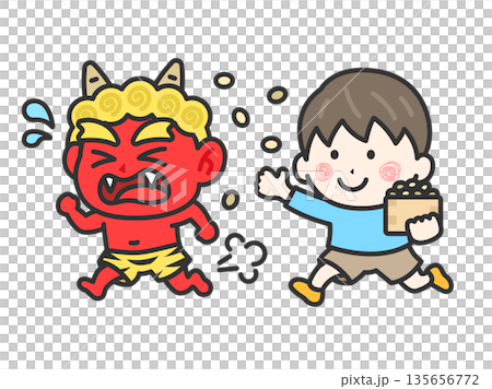 赤鬼を対峙する、男の子のアイコン（線画カラー）のイラスト 135656772