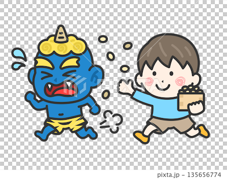 男孩圖示（線條描彩色）與藍色惡魔對峙的插圖 135656774