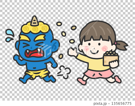 一幅女孩圖標（線條描彩色）與藍色惡魔對峙的插圖 135656775