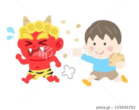 赤鬼を対峙する、男の子のアイコンのイラスト 135656782