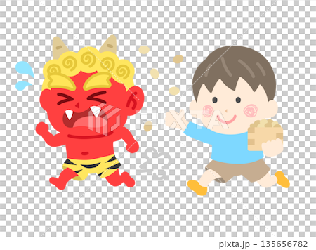 赤鬼を対峙する、男の子のアイコンのイラスト 135656782
