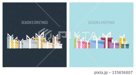 Season's greetings with colorful gift boxes geometric shapes vector illustration. Greeting card square template. 135656807