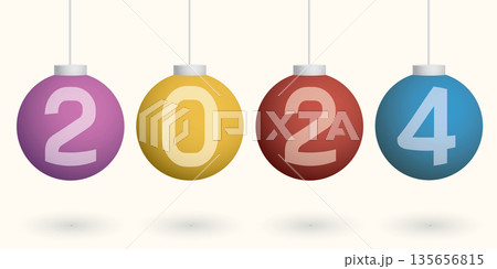 2024 alphabets on colorful christmas ball vector illustration. Merry Christmas and happy new year greeting card template. 2024 alphabets on colorful christmas ball vector illustration. Merry Christmas and happy new year greeting card template. 135656815
