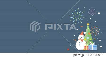 Colorful geometric Christmas elements with firework on dark blue background have blank space. Merry Xmas and Happy New Year greeting card vector illustration template. Colorful geometric Christmas elements with firework on dark blue background have blank space. Merry Xmas and Happy New Year greeting card vector illustration template. 135656830