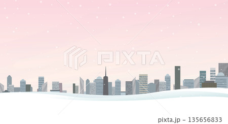 Cityscape with snowfall and vanilla sky vector illustration have blank space. Buildings silhouette against the sky in winter flat design. 135656833