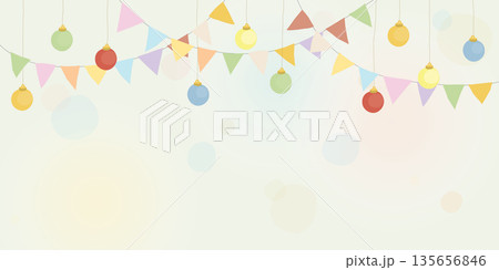 Pastel hanging flag garlands and evening balls with blurred background vector illustration childish style. Party background doodle lines template have blank space. Pastel hanging flag garlands and evening balls with blurred background vector illustration childish style. Party background doodle lines template have blank space. 135656846