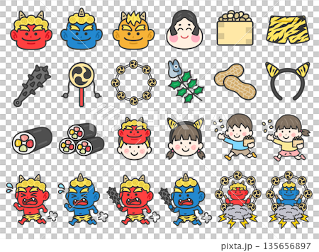 豪華版！節分のスペシャルアイコン（線画カラー）のイラストセット 135656897