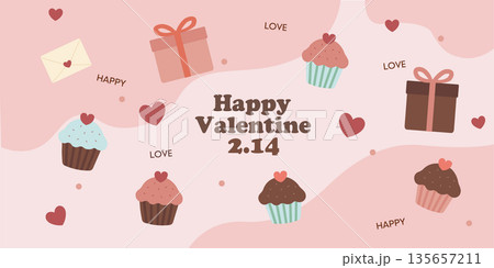 バレンタイン素材　バナー　カップケーキとプレゼントの背景 135657211