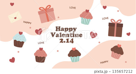 バレンタイン素材　バナー　カップケーキとプレゼントの背景 135657212