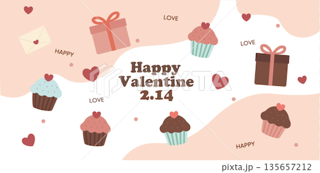 バレンタイン素材　バナー　カップケーキとプレゼントの背景 135657212