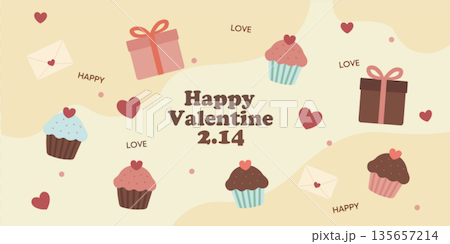 情人節橫幅、紙杯蛋糕和禮物背景 情人節橫幅、紙杯蛋糕和禮物背景 135657214