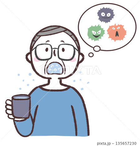 うがいでウィルスを流すシニア男性のイラスト 135657230