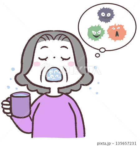 うがいでウィルスを流すシニア女性のイラスト うがいでウィルスを流すシニア女性のイラスト 135657231