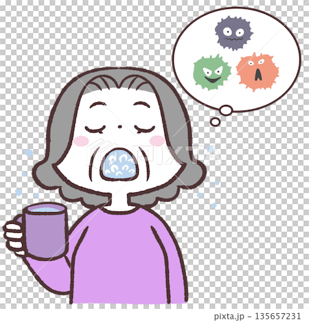 うがいでウィルスを流すシニア女性のイラスト うがいでウィルスを流すシニア女性のイラスト 135657231