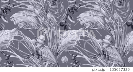A seamless botanical grey pattern painted in watercolor with plants for textiles 135657329