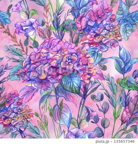 Seamless floral watercolor pattern with large pink hydrangea and herbs 135657346