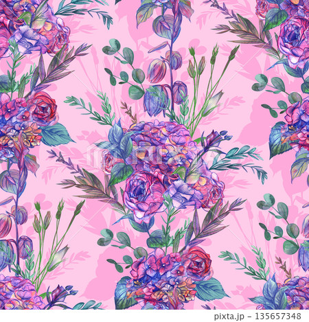 Seamless botanical pattern with a bouquet of hydrangeas and roses with various branches 135657348