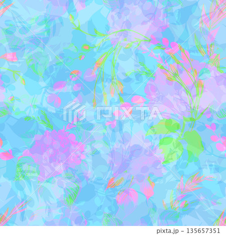 Seamless pattern with floral silhouettes of hydrangeas and herbs in multicolored shades 135657351