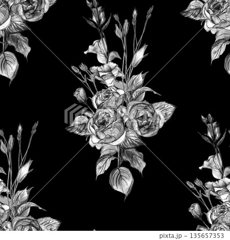 Retro Seamless pattern with a bouquet of roses and branches drawn 135657353