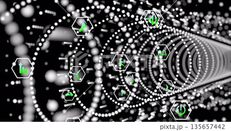 Receding tunnel forming white sphere rings in data network, with hexagonal shapes and green icons Receding tunnel forming white sphere rings in data network, with hexagonal shapes and green icons 135657442