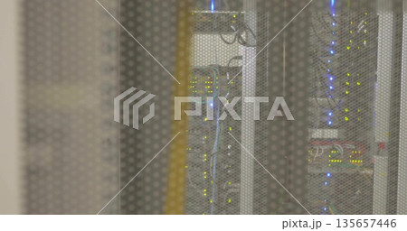 Showing rack behind perforated door in data center, featuring network switch modules blinking LEDs 135657446