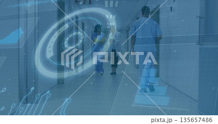 Assisting scrub-clad nurse guiding senior patient down hospital corridor, with digital HUD graphics Assisting scrub-clad nurse guiding senior patient down hospital corridor, with digital HUD graphics 135657486