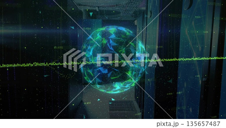 Floating holographic globe pulsing waveform across data center aisle with server racks, data points 135657487