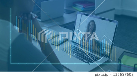 Laptop screen displaying woman speaking at office desk, with phone, notebooks and chart overlays 135657608