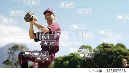 Maroon-clad pitcher raising left leg and gripping glove with ball on field, social icons floating 135657638