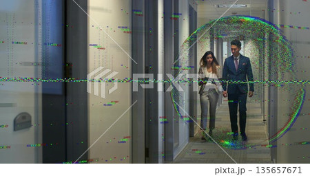 Walking colleagues in suits moving down office corridor with glitch overlay and doors, copy space Walking colleagues in suits moving down office corridor with glitch overlay and doors, copy space 135657671
