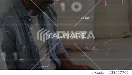 Typing man wearing denim jacket analyzing MALWARE binary code on laptop in living room, copy space 135657702
