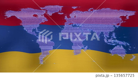 Displaying pixelated world map overlaying tricolor flag stripes in digital art, with fabric texture Displaying pixelated world map overlaying tricolor flag stripes in digital art, with fabric texture 135657725