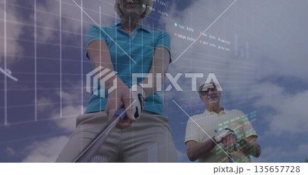 Gripping golf club woman in teal polo preparing swing on course, floating digital financial charts 135657728
