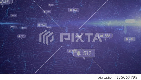 Displaying blue-purple data waves flowing on virtual dashboard, with floating notification badges 135657795