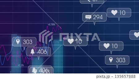 Data visualization dashboard displaying in blue grid, dotted bar charts, line graphs, notifications Data visualization dashboard displaying in blue grid, dotted bar charts, line graphs, notifications 135657888