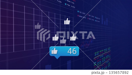 Floating thumbs-up icons with blue like bubble showing 46 moving over data grid, colored charts 135657892