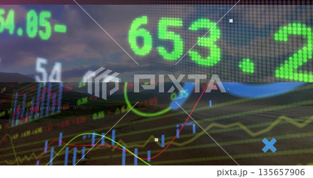 Blending market charts over rural farmland at dawn, with numeric tickers and candlestick bars Blending market charts over rural farmland at dawn, with numeric tickers and candlestick bars 135657906