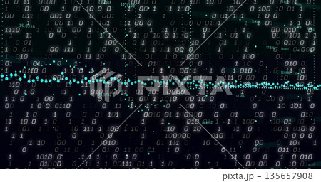 Displaying binary code pattern and teal data points in data interface, with numeric overlays 135657908