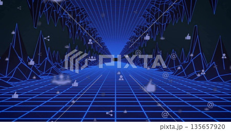 Displaying neon-blue wireframe tunnel converging at data space, with floating social media icons 135657920