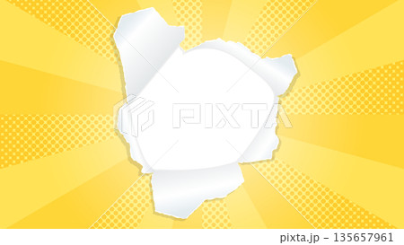 サンバーストと穴の空いた紙の背景素材、ハーフトーンのドット、フレーム 135657961
