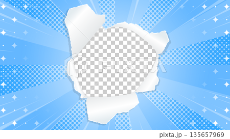 サンバーストと穴の空いた紙の背景素材、ハーフトーンのドット、キラキラのパターン、集中線 135657969