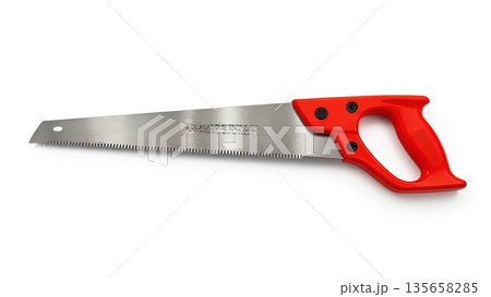 Bright Red Hand Saw with Silver Blade on White Background Bright Red Hand Saw with Silver Blade on White Background 135658285