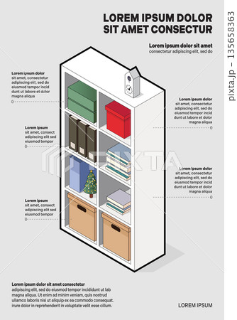 Infographic of isometric shelves with books and objects decoration. 135658363