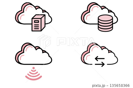 クラウドコンピューティングを表すアイコンセットのサーバーとデータ通信のイラスト クラウドコンピューティングを表すアイコンセットのサーバーとデータ通信のイラスト 135658366